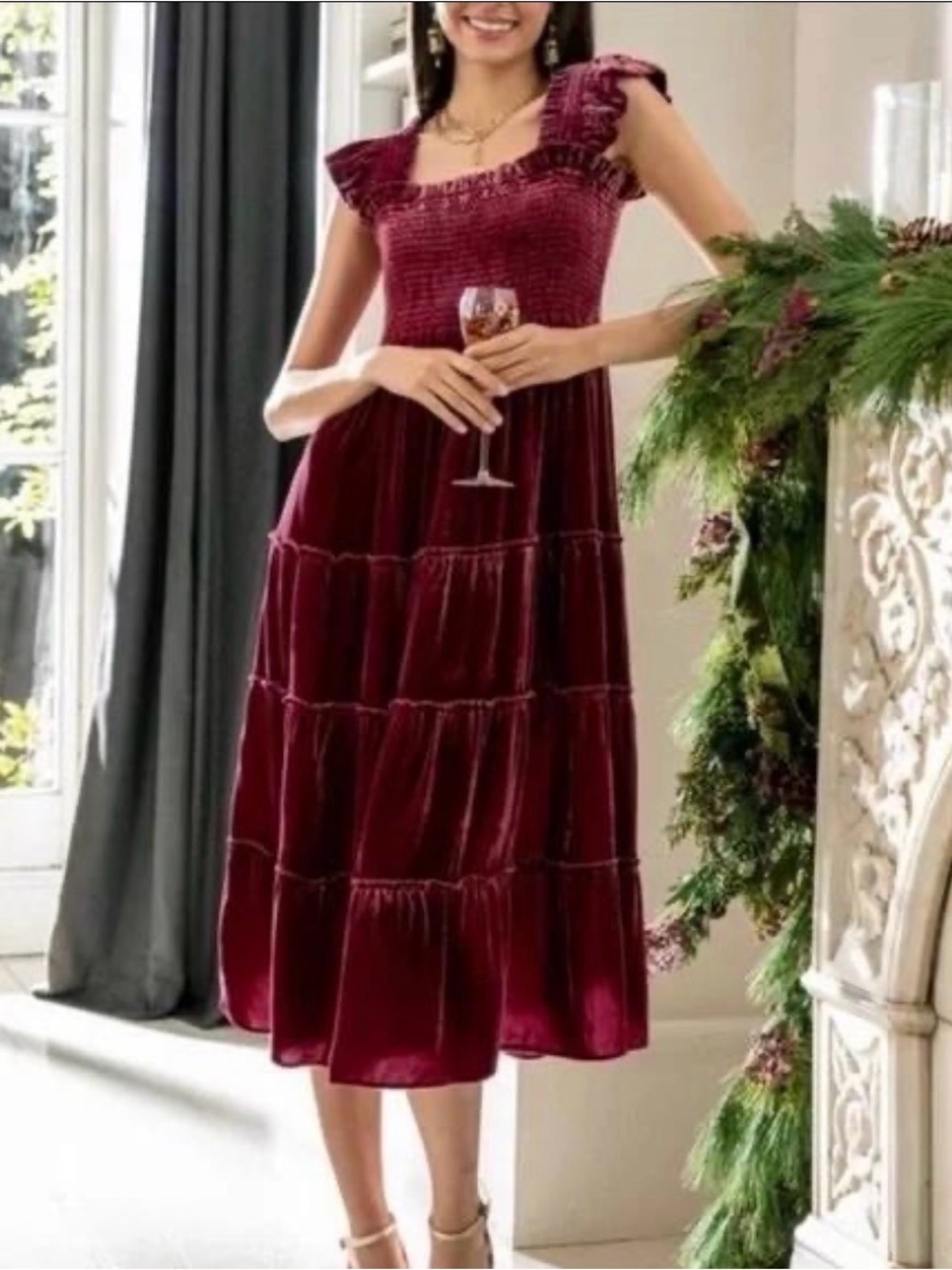 Hill House Smocked Velvet Maxi Dress in Deep Wine